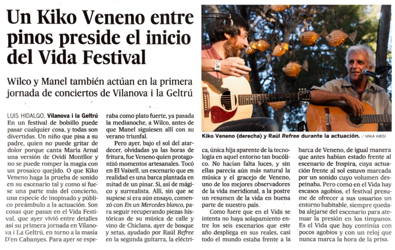 Kiko Veneno & Raúl Referee, Vida-Festival, Vilanova y la Geltrú, Espanja 2016 (Lehtiartikkeli El Pais) Micarte Photographyn konserttikuvassa Kiko Veneno & Raúl Referee esiintymässä Vida-Festivalilla, El Pais -lehti julkaisi konsertista kuvan.